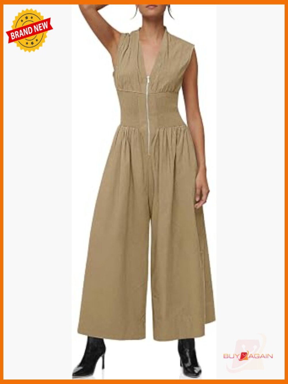 V Neck Smocked Bodice Wide Leg Jumpsuit with Pockets